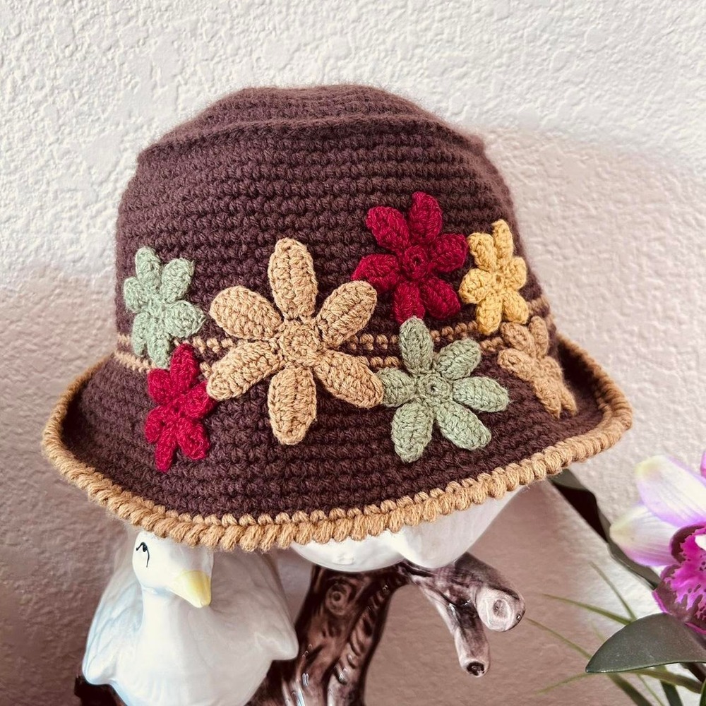 Unbranded Crochet Bucket Hat Women OS Brown Floral Boho Cottagecore 3D Flower - Picture 3 of 7